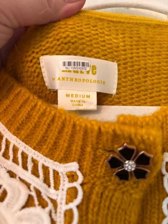 Maeve By Anthropologie Mustard Cardigan With Lace Collar Floral Buttons Size M - Picture 5 of 14